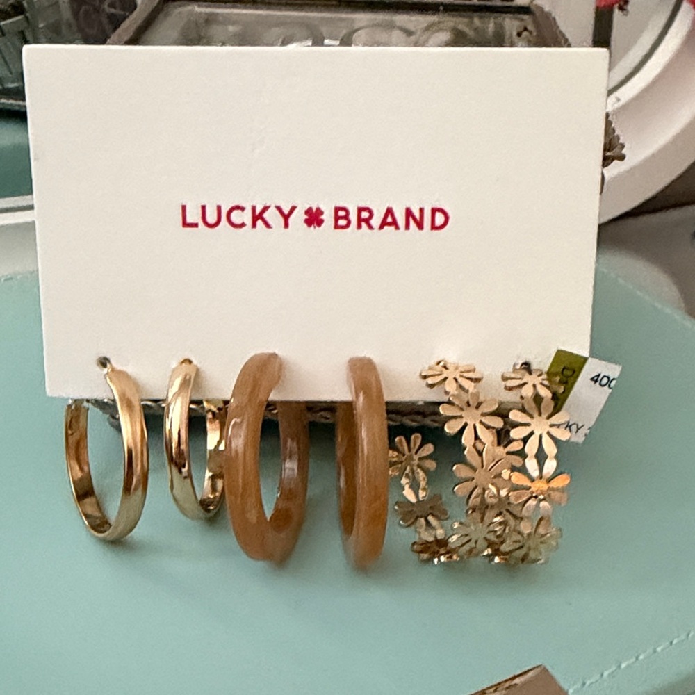 Lucky Brand Gold Hoops, Tan Hoops  & Daisy Hoops Set of 3 NWT